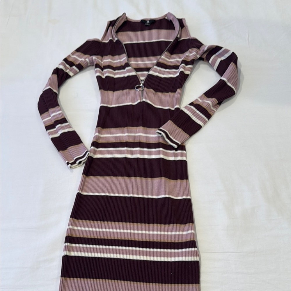 Guess Brown Long Sleeve Bodycon Dress with V-Neck